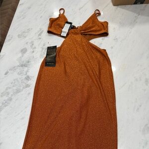 Bebe Shimmering Copper Backless Dress